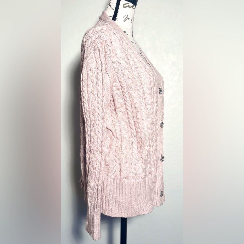 Anne Klein Ballet Pink Cable Knit V-Neck Cardigan Fancy Rhinestone Buttons NWT - Picture 6 of 7